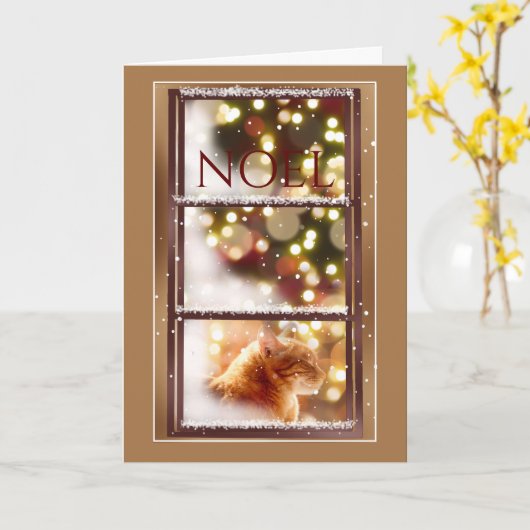 雪の窓の中の平和な猫クリスマスカード カード (黄色い花)