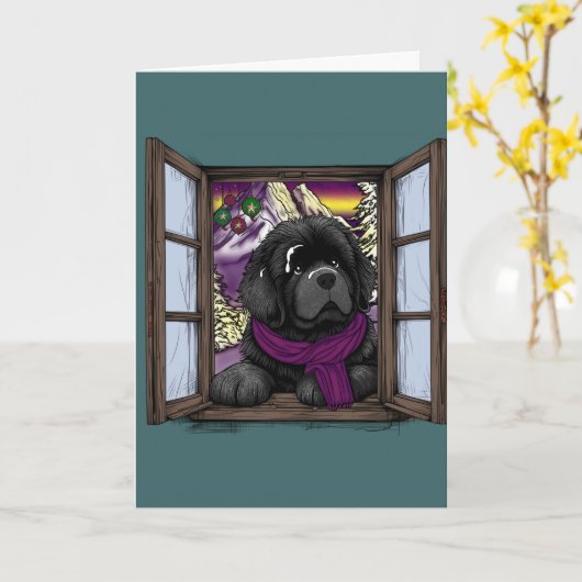 雪の窓の子犬 カード (黄色い花)