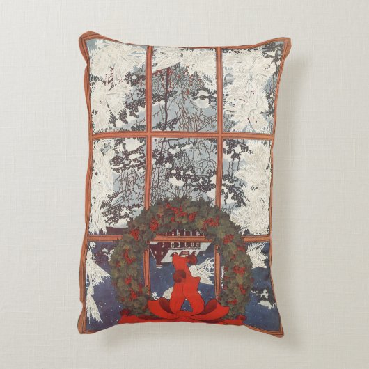 雪の窓辺にハンギングされたビンテージクリスマスリース アクセントクッション (裏面(縦))