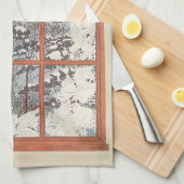 雪の窓辺にハンギングされたビンテージクリスマスリース キッチンタオル (四つ折り)