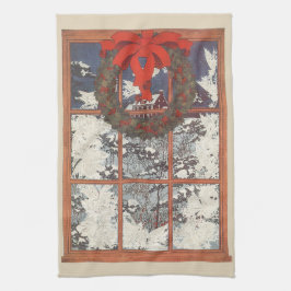 雪の窓辺にハンギングされたビンテージクリスマスリース キッチンタオル