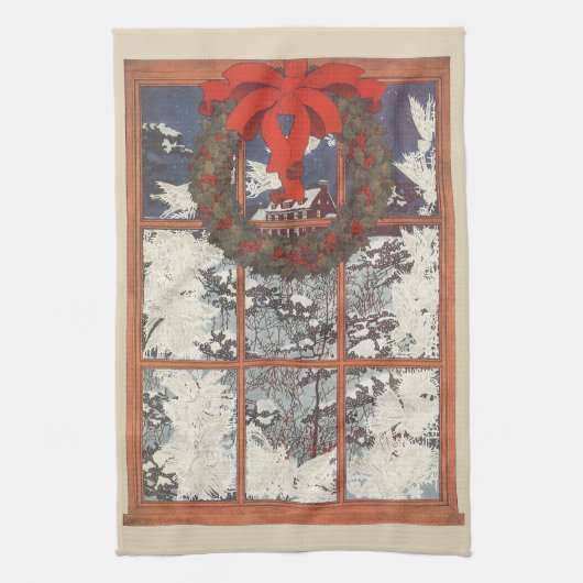 雪の窓辺にハンギングされたビンテージクリスマスリース キッチンタオル (縦)