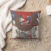 雪の窓辺にハンギングされたビンテージクリスマスリース クッション (ブランケット)