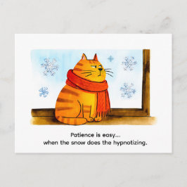 雪の窓辺に座るかわいいキャラクター猫 ポストカード