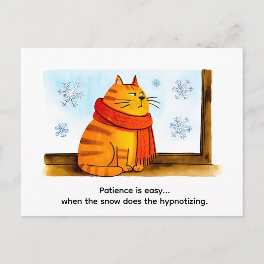 雪の窓辺に座るかわいいキャラクター猫 ポストカード (正面)