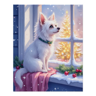 雪の窓辺のマルチーズ クリスマスの犬アート ポスター