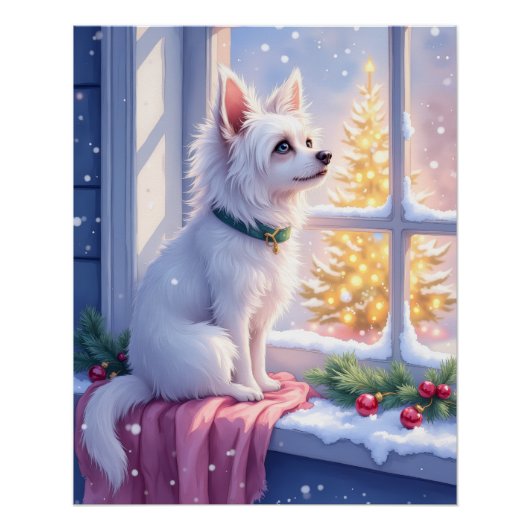 雪の窓辺のマルチーズ クリスマスの犬アート ポスター (正面)