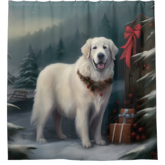 雪の素晴らしクリスマスにピレネーの犬 シャワーカーテン (正面)