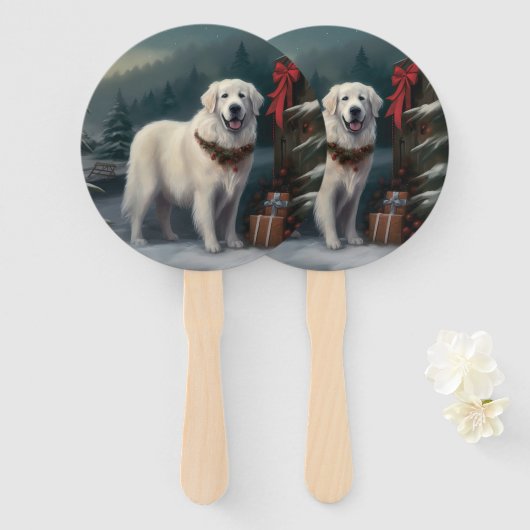 雪の素晴らしクリスマスにピレネーの犬 ハンドファン (正面&裏面)