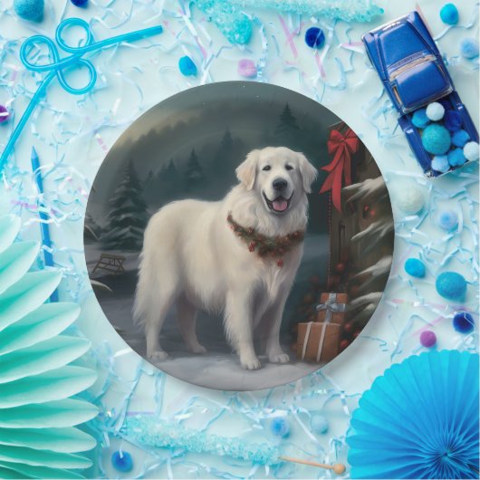 雪の素晴らしクリスマスにピレネーの犬 ペーパープレート (パーティー)