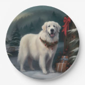 雪の素晴らしクリスマスにピレネーの犬 ペーパープレート (正面)