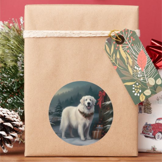 雪の素晴らしクリスマスにピレネーの犬 ラウンドシール (クリスマス)