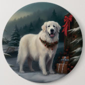 雪の素晴らしクリスマスにピレネーの犬 缶バッジ (正面)