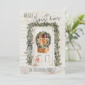 雪の素朴メリークリスマスリースフロントドアキャット シーズンカード (スタンド正面)