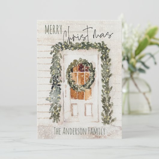 雪の素朴メリークリスマスリースフロントドア シーズンカード (スタンド正面)