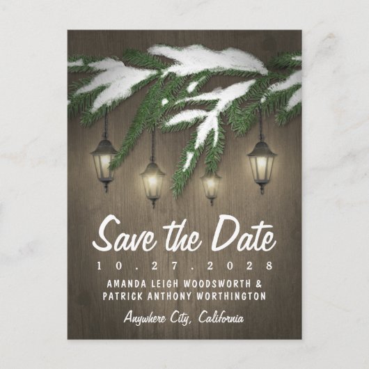 雪の素朴常緑ランタン日付カードを保存 案内ポストカード (正面)