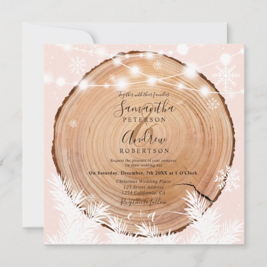 雪の素朴木のログピンクのクリスマスフォト結婚ズ 招待状 (正面)