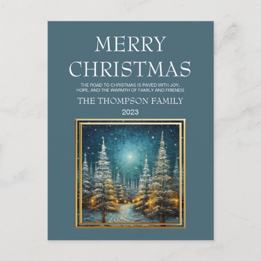 雪の素朴覆われた道路メリークリスマス シーズンポストカード (正面)