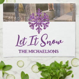 雪の紫の雪の結晶 キッチンタオル