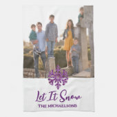 雪の紫の雪の結晶 キッチンタオル (縦)