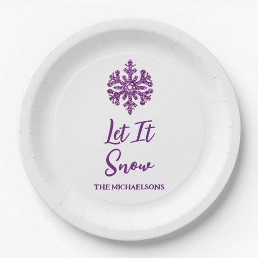 雪の紫の雪の結晶 ペーパープレート (正面)