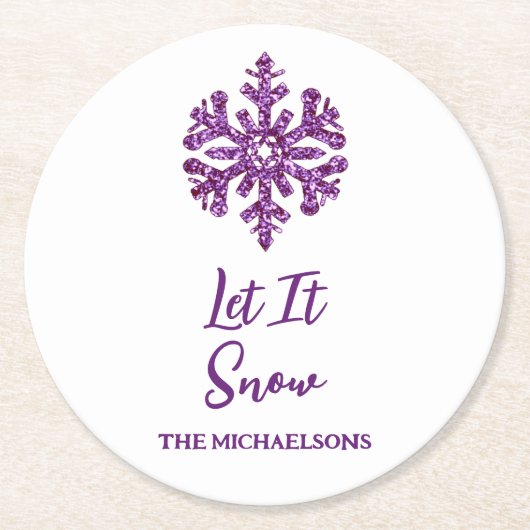 雪の紫の雪の結晶 ラウンドペーパーコースター (正面)