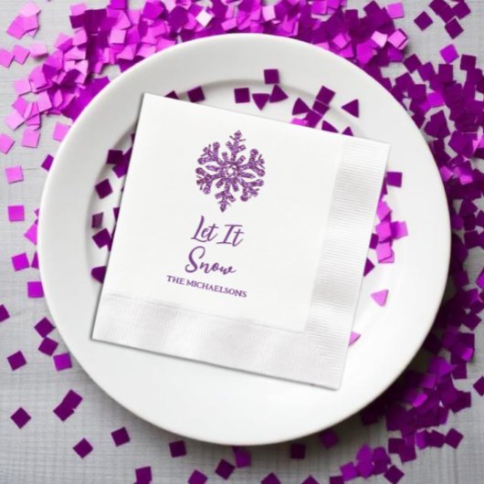 雪の紫の雪の結晶 縁ありカクテルナプキン
