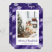 雪の紫色のホイル写真メリークリスマス シーズンカード (正面/裏面)