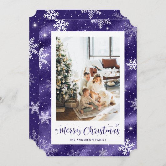 雪の紫色のホイル写真メリークリスマス シーズンカード (正面/裏面)