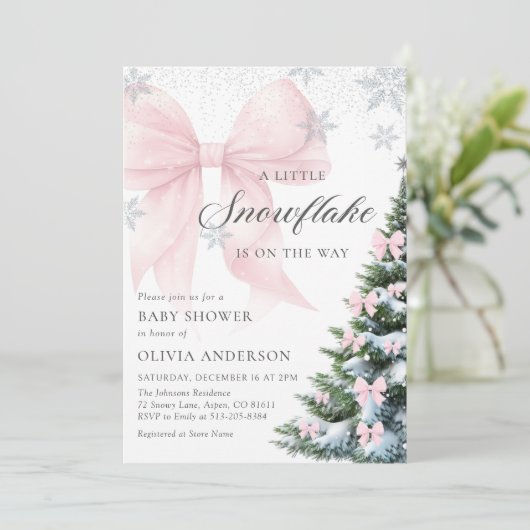 雪の結晶がおとずれ Bow Baby Shower 招待状 (スタンド正面)