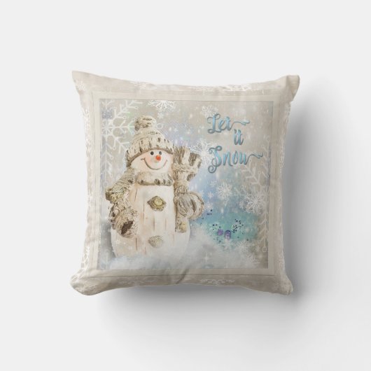 雪の結晶が美しいクリスマス雪だるま クッション (正面)