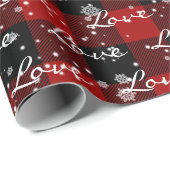雪の結晶が舞うチェック柄にクリスマス・ラブ・テキスト ラッピングペーパー (ロールコーナー)