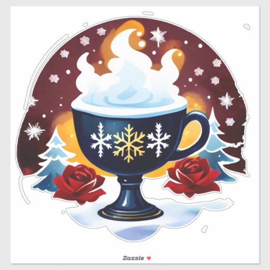 雪の結晶が舞うフェステイブルーココアカップ シール (シート)