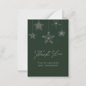 雪の結晶が輝くグリーンウィンター ブライダル サンクスカード ノートカード (正面)