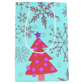 雪の結晶が青い、かわいいクリスマスの木 ミディアムペーパーバッグ (正面)