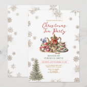 雪の結晶とクリスマスツリーのパーティー 花のホリデー 招待状 (正面/裏面)