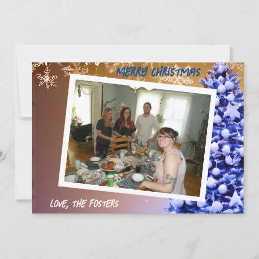 雪の結晶とクリスマスツリーの家族写真 ホリデー シーズンカード (正面)