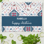 雪の結晶とトナカイを持つ北欧クリスマス キッチンタオル (折り畳み)