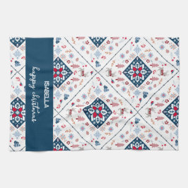 雪の結晶とトナカイを持つ北欧クリスマス キッチンタオル