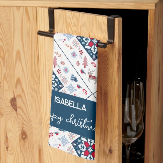 雪の結晶とトナカイを持つ北欧クリスマス キッチンタオル (三つ折り)