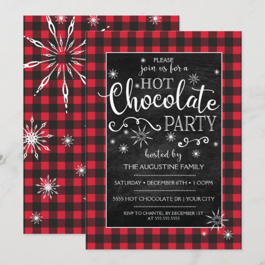 雪の結晶とバッファロープレイドのホットチョコレート招待状 招待状 (正面/裏面)