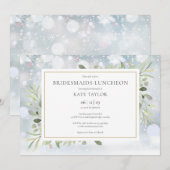 雪の結晶と冬のグリーンが可愛らしい花嫁の友人たちとのランチ会 招待状 (正面/裏面)