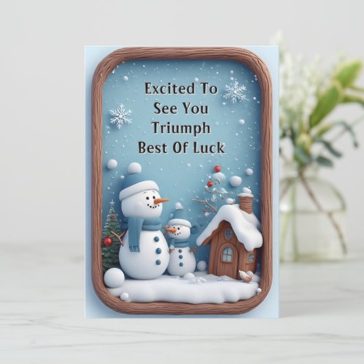 雪の結晶と冬の風景の中の遊び心のある雪だるま シーズンカード (スタンド正面)