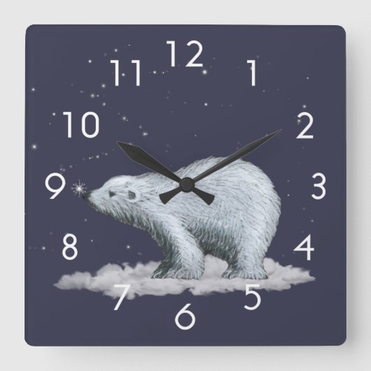 雪の結晶と北極クマの時計 スクエア壁時計 (正面)