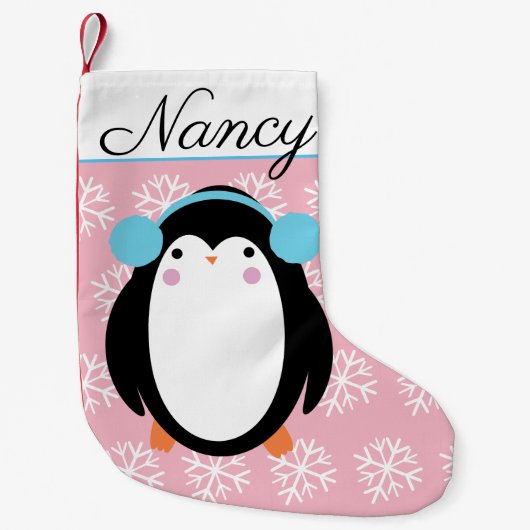 雪の結晶と愛らしい太ったペンギン スモールクリスマスストッキング (正面)