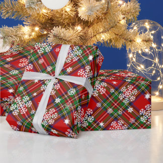 雪の結晶と星のクリスマスプレイド ラッピングペーパー