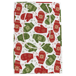 雪の結晶と赤と緑のミトンのクリスマス ミディアムペーパーバッグ