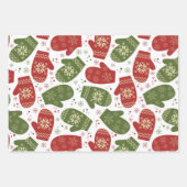 雪の結晶と赤と緑のミトンのクリスマス ラッピングペーパーシート (正面3)