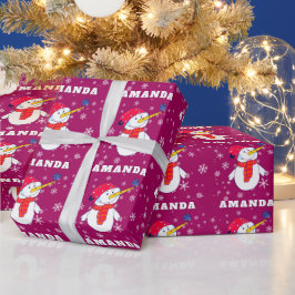 雪の結晶と雪だるまの子供のクリスマス ラッピングペーパー