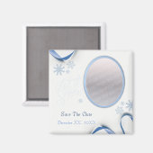 雪の結晶と青いリボンの冬のSave The Date マグネット (正面/裏面)